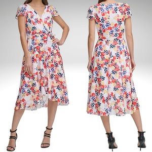 NWT! DKNY Floral Faux Wrap Belted Midi Dress Size 4